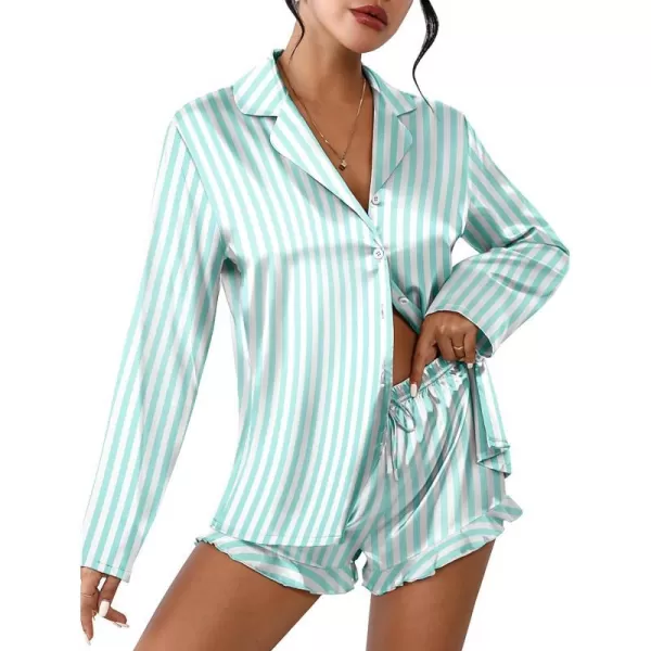 Ekouaer Womens Satin Pajama Sets Long Sleeve Top and Shorts Lounge Set Button Down Sleepwear SXXLPat3green Striped