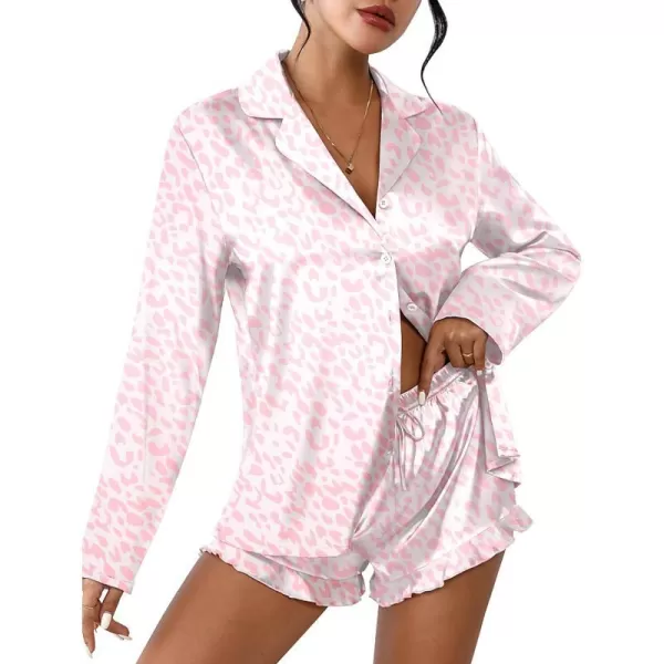 Ekouaer Womens Satin Pajama Sets Long Sleeve Top and Shorts Lounge Set Button Down Sleepwear SXXLPat4pink Leopard