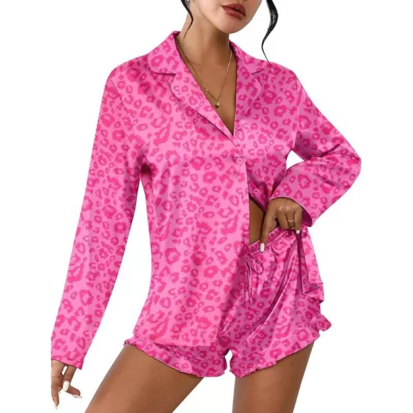 Ekouaer Womens Satin Pajama Sets Long Sleeve Top and Shorts Lounge Set Button Down Sleepwear SXXLPat5hot Pink Leopard