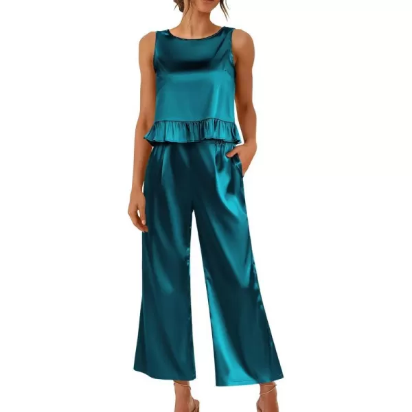 Ekouaer Womens Satin Pajamas Set 2 Piece Silk Outfits Sleeveless Tank Crop Wide Leg Pants Sleepwear with PocketsBlue Green