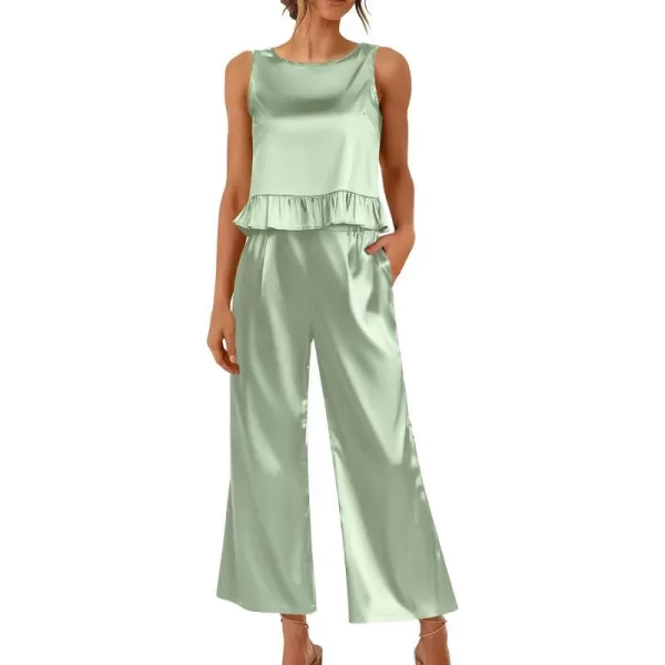 Ekouaer Womens Satin Pajamas Set 2 Piece Silk Outfits Sleeveless Tank Crop Wide Leg Pants Sleepwear with PocketsGreen