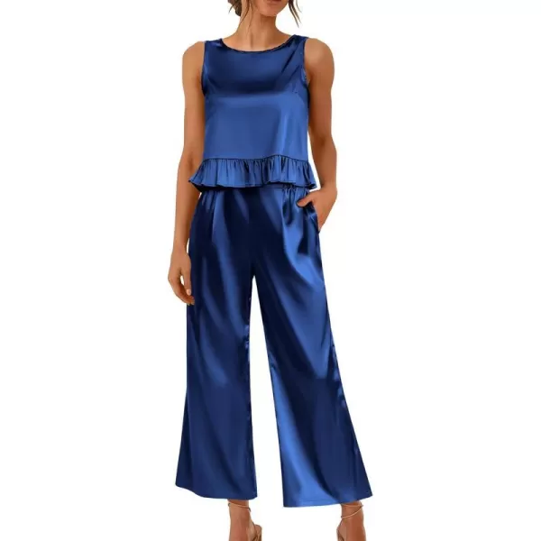 Ekouaer Womens Satin Pajamas Set 2 Piece Silk Outfits Sleeveless Tank Crop Wide Leg Pants Sleepwear with PocketsNavy Blue