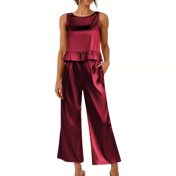 Ekouaer Womens Satin Pajamas Set 2 Piece Silk Outfits Sleeveless Tank Crop Wide Leg Pants Sleepwear with PocketsWine Red