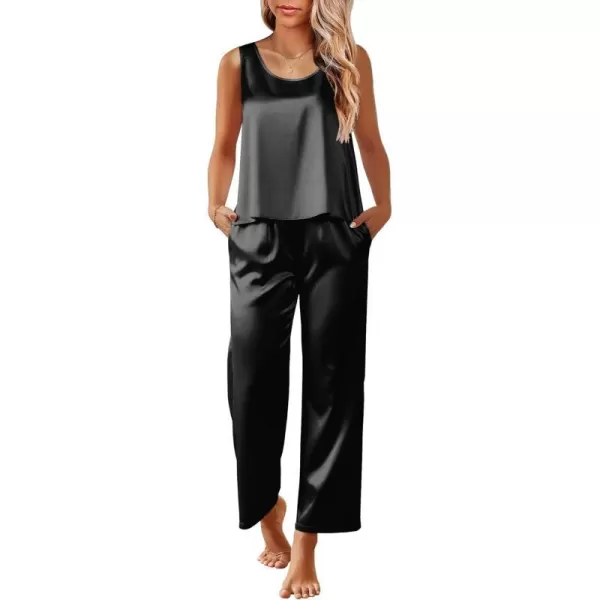 Ekouaer Womens Satin Pajamas Set Back Split Top and Long Pant Silk Pj Set Tank Sleepwear SXXLBlack