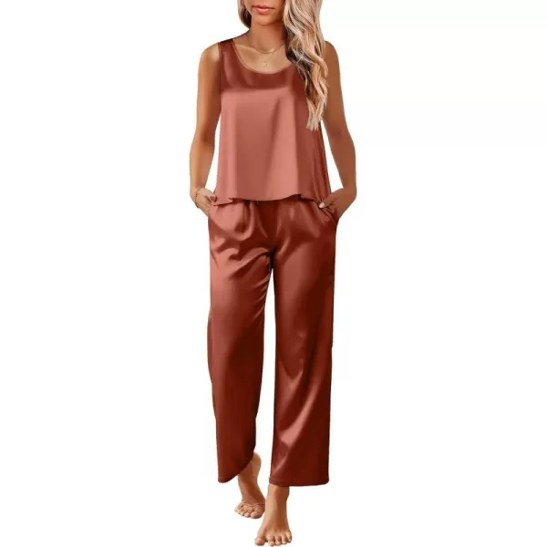 Ekouaer Womens Satin Pajamas Set Back Split Top and Long Pant Silk Pj Set Tank Sleepwear SXXLCaramel