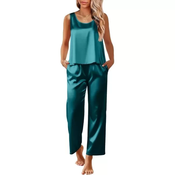 Ekouaer Womens Satin Pajamas Set Back Split Top and Long Pant Silk Pj Set Tank Sleepwear SXXLGreen