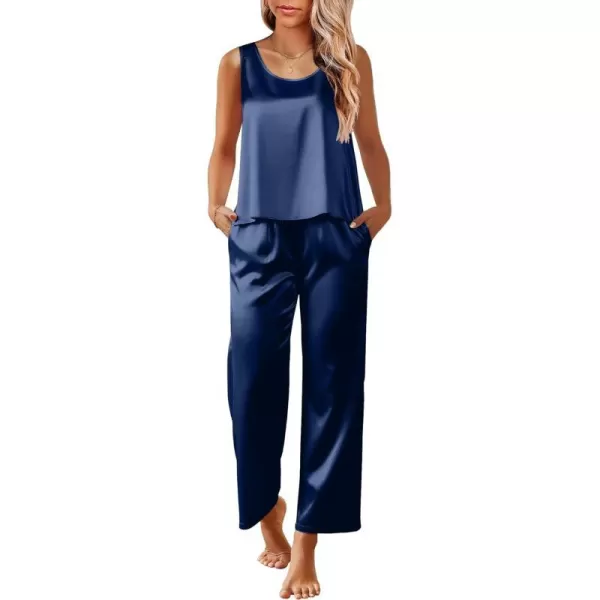 Ekouaer Womens Satin Pajamas Set Back Split Top and Long Pant Silk Pj Set Tank Sleepwear SXXLNavy Blue