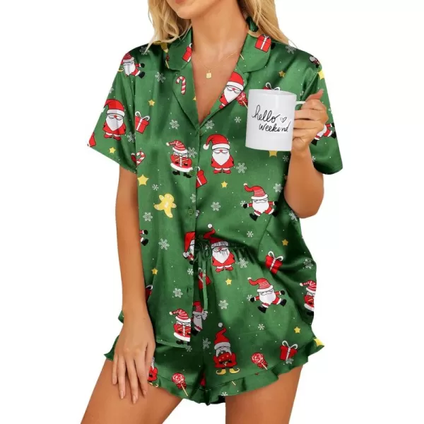 Ekouaer Womens Satin Pajamas Set Button Down 2 Piece Silk Pjs Shorts Set Ruffle Lingerie Notch Collar Sleepwear SXXLChristmas Green