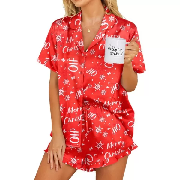 Ekouaer Womens Satin Pajamas Set Button Down 2 Piece Silk Pjs Shorts Set Ruffle Lingerie Notch Collar Sleepwear SXXLChristmas Red