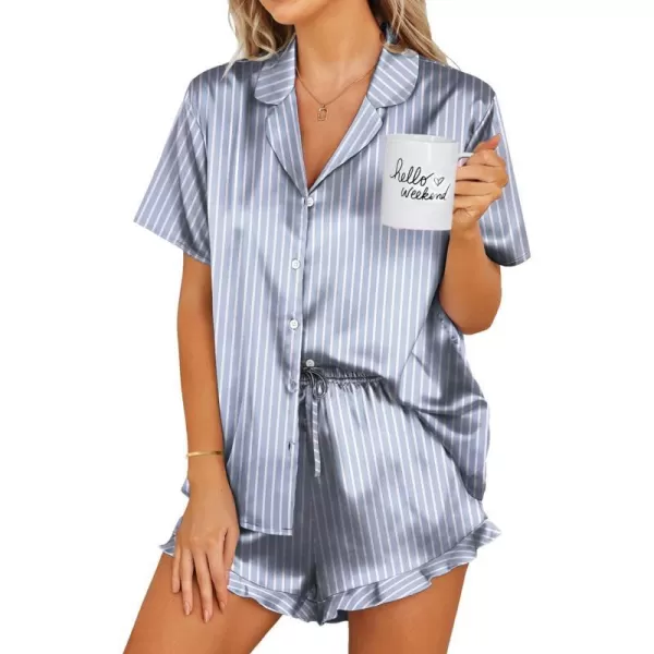 Ekouaer Womens Satin Pajamas Set Button Down 2 Piece Silk Pjs Shorts Set Ruffle Lingerie Notch Collar Sleepwear SXXLGrey Blue Striped