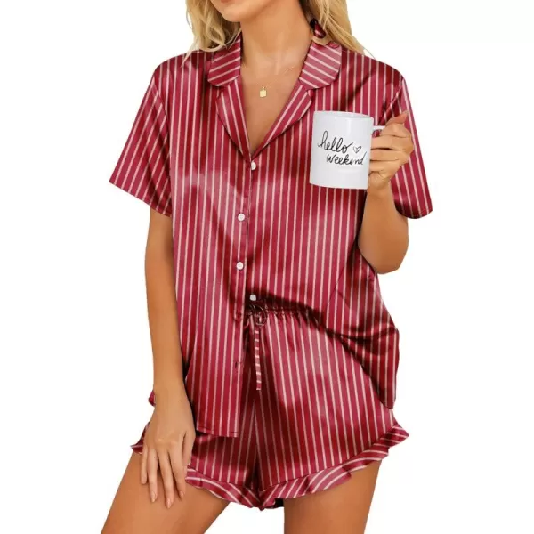 Ekouaer Womens Satin Pajamas Set Button Down 2 Piece Silk Pjs Shorts Set Ruffle Lingerie Notch Collar Sleepwear SXXLStriped Wine Red