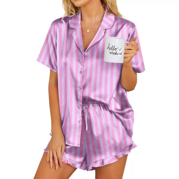 Ekouaer Womens Satin Pajamas Set Button Down 2 Piece Silk Pjs Shorts Set Ruffle Lingerie Notch Collar Sleepwear SXXLThick Striped Purple