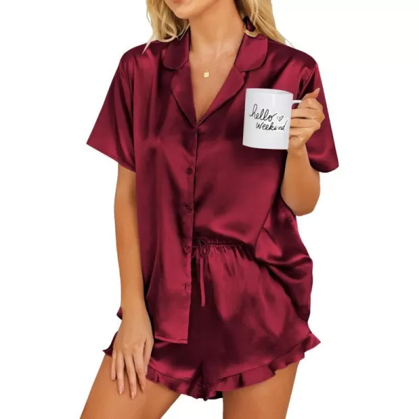 Ekouaer Womens Satin Pajamas Set Button Down 2 Piece Silk Pjs Shorts Set Ruffle Lingerie Notch Collar Sleepwear SXXLWind Red