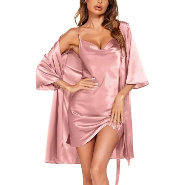 Ekouaer Womens Satin Robe Set Nightgown with Robes Silk Pajama Set 2 Pieces Lingerie Cowl Neck Cami Sleepwear SetsDusty Pink