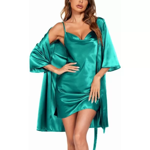 Ekouaer Womens Satin Robe Set Nightgown with Robes Silk Pajama Set 2 Pieces Lingerie Cowl Neck Cami Sleepwear SetsGreen