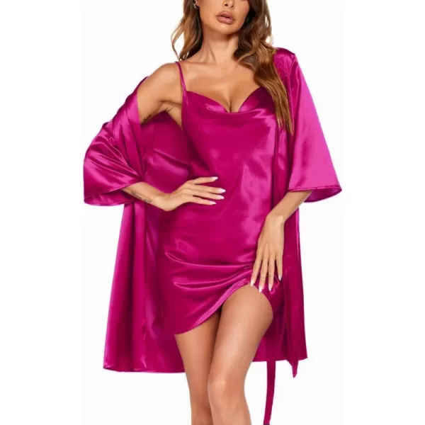 Ekouaer Womens Satin Robe Set Nightgown with Robes Silk Pajama Set 2 Pieces Lingerie Cowl Neck Cami Sleepwear SetsHot Pink