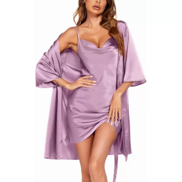 Ekouaer Womens Satin Robe Set Nightgown with Robes Silk Pajama Set 2 Pieces Lingerie Cowl Neck Cami Sleepwear SetsPurple Red