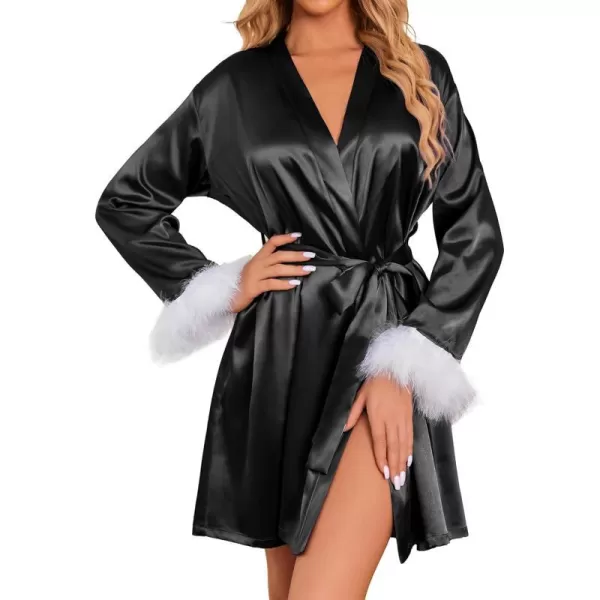 Ekouaer Womens Satin Robe Short Bridesmaid Bride Feather Bridal Robe Kimono Silky Long Sleeve Bathrobe SXXLBlack