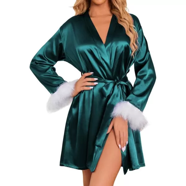 Ekouaer Womens Satin Robe Short Bridesmaid Bride Feather Bridal Robe Kimono Silky Long Sleeve Bathrobe SXXLDark Green