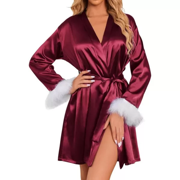 Ekouaer Womens Satin Robe Short Bridesmaid Bride Feather Bridal Robe Kimono Silky Long Sleeve Bathrobe SXXLWine Red