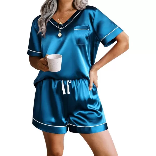 Ekouaer Womens Satin Short Sleeve VNeck Pajama SetBlue