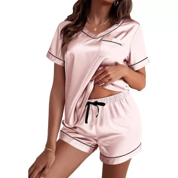 Ekouaer Womens Satin Short Sleeve VNeck Pajama SetLight Pink