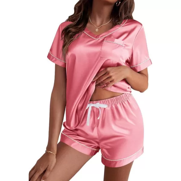 Ekouaer Womens Satin Short Sleeve VNeck Pajama SetRose Pink