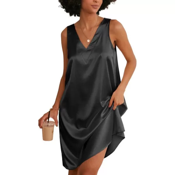 Ekouaer Womens Satin Silk Nightgown V Neck Nightie Tank Sleepshirt Sleeveless Summer Dress Comfy LoungewearBlack