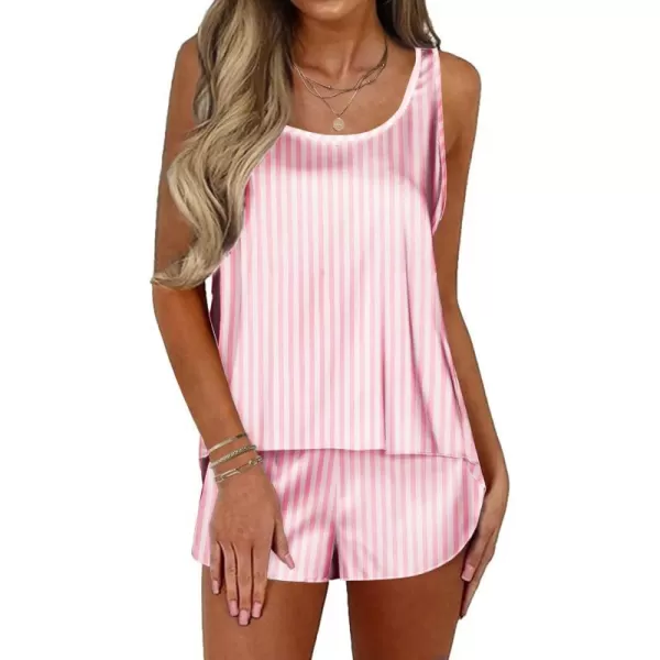 Ekouaer Womens Satin Silk Pajamas Back Split Tank Top and Shorts Silky Pj Set Sleepwear SXXLPink Stripes