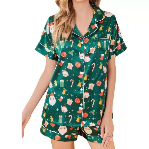 Ekouaer Womens Satin Silk Pajamas Set Short Sleeve Button Down Top and Shorts Sleepwear 2 Piece Pjs Set SXXLChristmas Green