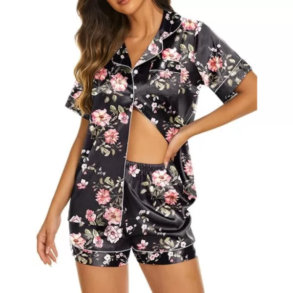 Ekouaer Womens Satin Silk Pajamas Set Short Sleeve Button Down Top and Shorts Sleepwear 2 Piece Pjs Set SXXLFloral Black Pink