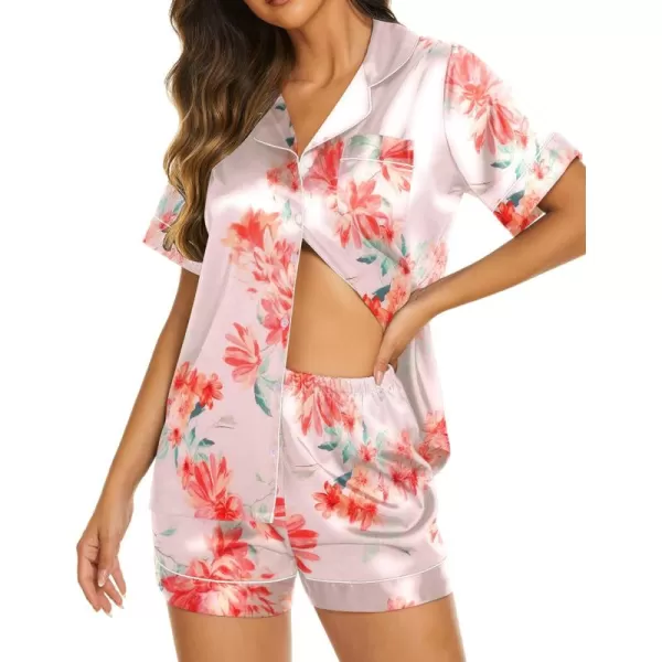 Ekouaer Womens Satin Silk Pajamas Set Short Sleeve Button Down Top and Shorts Sleepwear 2 Piece Pjs Set SXXLFloral Light Pink