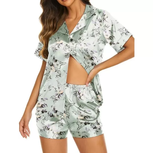 Ekouaer Womens Satin Silk Pajamas Set Short Sleeve Button Down Top and Shorts Sleepwear 2 Piece Pjs Set SXXLLight Green Floral