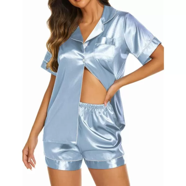 Ekouaer Womens Satin Silk Pajamas Set Short Sleeve Button Down Top and Shorts Sleepwear 2 Piece Pjs Set SXXLLight Grey Blue