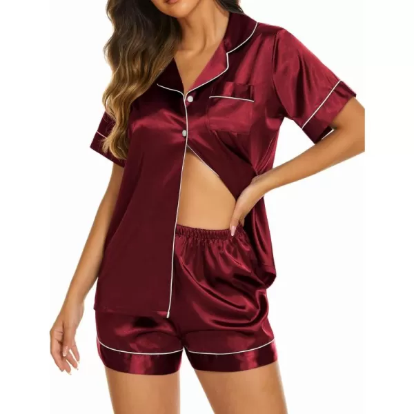 Ekouaer Womens Satin Silk Pajamas Set Short Sleeve Button Down Top and Shorts Sleepwear 2 Piece Pjs Set SXXLWine