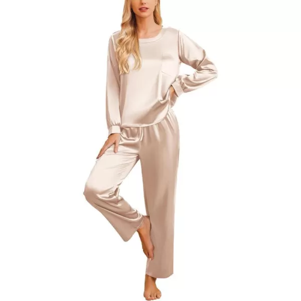 Ekouaer Womens Satin Silky Pajama Set Long Sleeve Top with Long Pajama Pant Set Soft PJ LoungewearChampagne