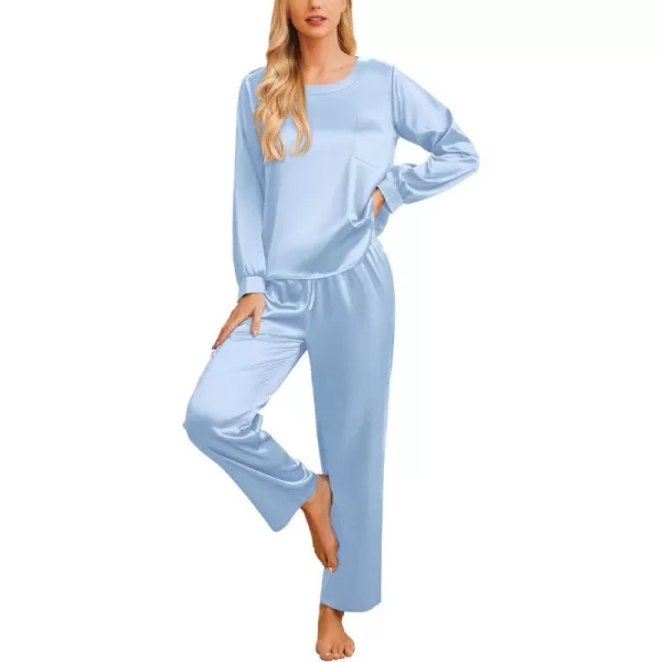 Ekouaer Womens Satin Silky Pajama Set Long Sleeve Top with Long Pajama Pant Set Soft PJ LoungewearClear Blue