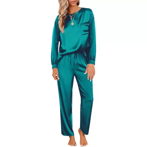 Ekouaer Womens Satin Silky Pajama Set Long Sleeve Top with Long Pajama Pant Set Soft PJ LoungewearGreen