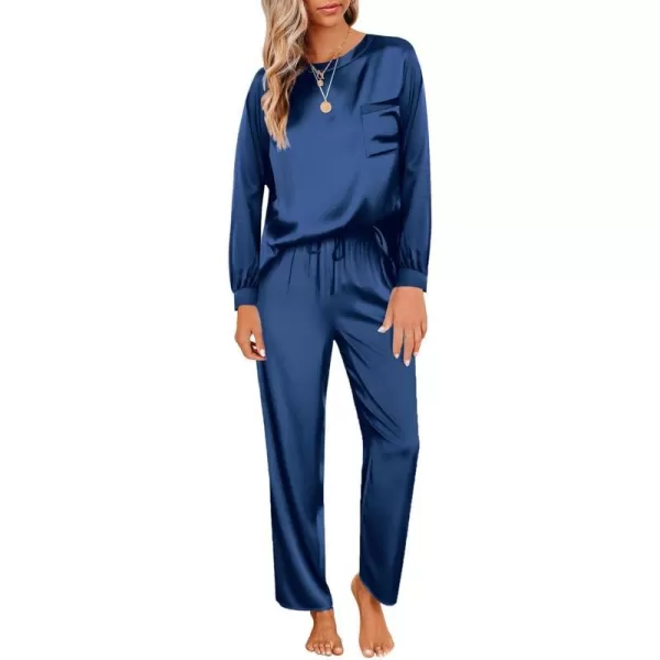 Ekouaer Womens Satin Silky Pajama Set Long Sleeve Top with Long Pajama Pant Set Soft PJ LoungewearNavy Blue