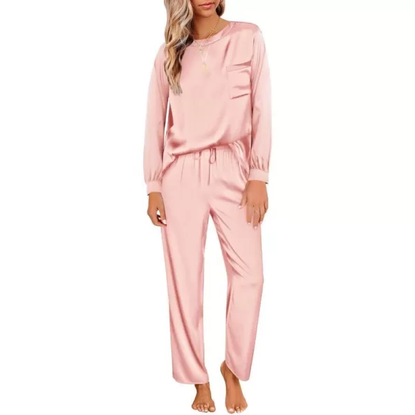 Ekouaer Womens Satin Silky Pajama Set Long Sleeve Top with Long Pajama Pant Set Soft PJ LoungewearPink