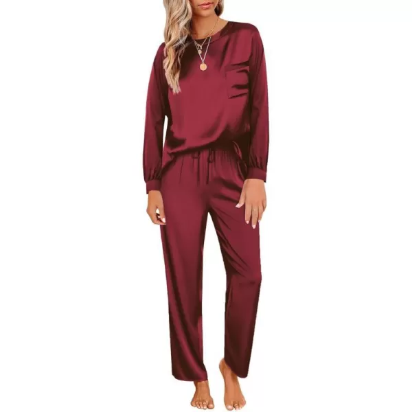 Ekouaer Womens Satin Silky Pajama Set Long Sleeve Top with Long Pajama Pant Set Soft PJ LoungewearWine Red