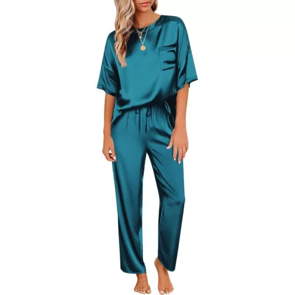 Ekouaer Womens Satin Silky Pajama Set Short Sleeve Shirt with Long Pajama Pant Set Soft PJ Loungewear01 Green