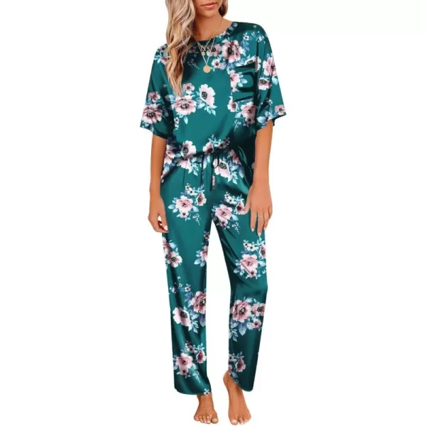 Ekouaer Womens Satin Silky Pajama Set Short Sleeve Shirt with Long Pajama Pant Set Soft PJ LoungewearGreen Floral