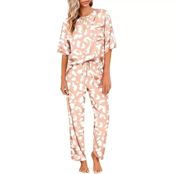 Ekouaer Womens Satin Silky Pajama Set Short Sleeve Shirt with Long Pajama Pant Set Soft PJ LoungewearMist Pink Leopard