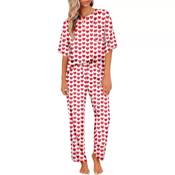 Ekouaer Womens Satin Silky Pajama Set Short Sleeve Shirt with Long Pajama Pant Set Soft PJ LoungewearRed Heart