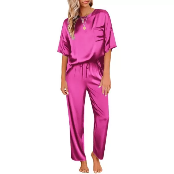 Ekouaer Womens Satin Silky Pajama Set Short Sleeve Shirt with Long Pajama Pant Set Soft PJ LoungewearRose