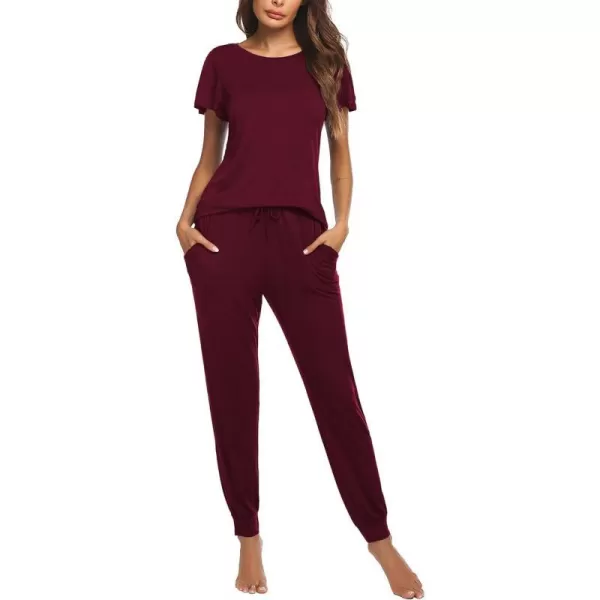 Ekouaer Womens Short Sleeve Pajama Sets with Long Pants01 Wine Red