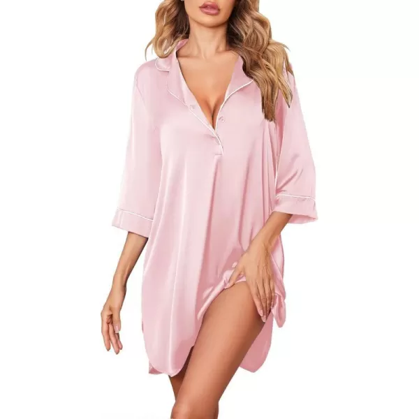 Ekouaer Womens Silk Nightgown 34 Sleeve Sleepwear Satin Boyfriend Sleepshirt Button NightshirtA02 Misty Rose Pink