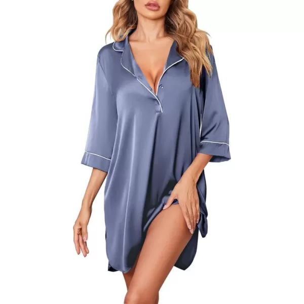 Ekouaer Womens Silk Nightgown 34 Sleeve Sleepwear Satin Boyfriend Sleepshirt Button NightshirtA05 Grey Blue