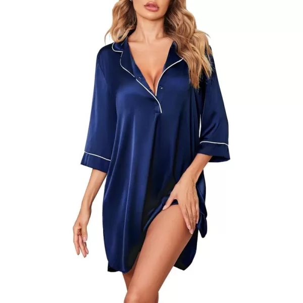 Ekouaer Womens Silk Nightgown 34 Sleeve Sleepwear Satin Boyfriend Sleepshirt Button NightshirtA06 Navy Blue